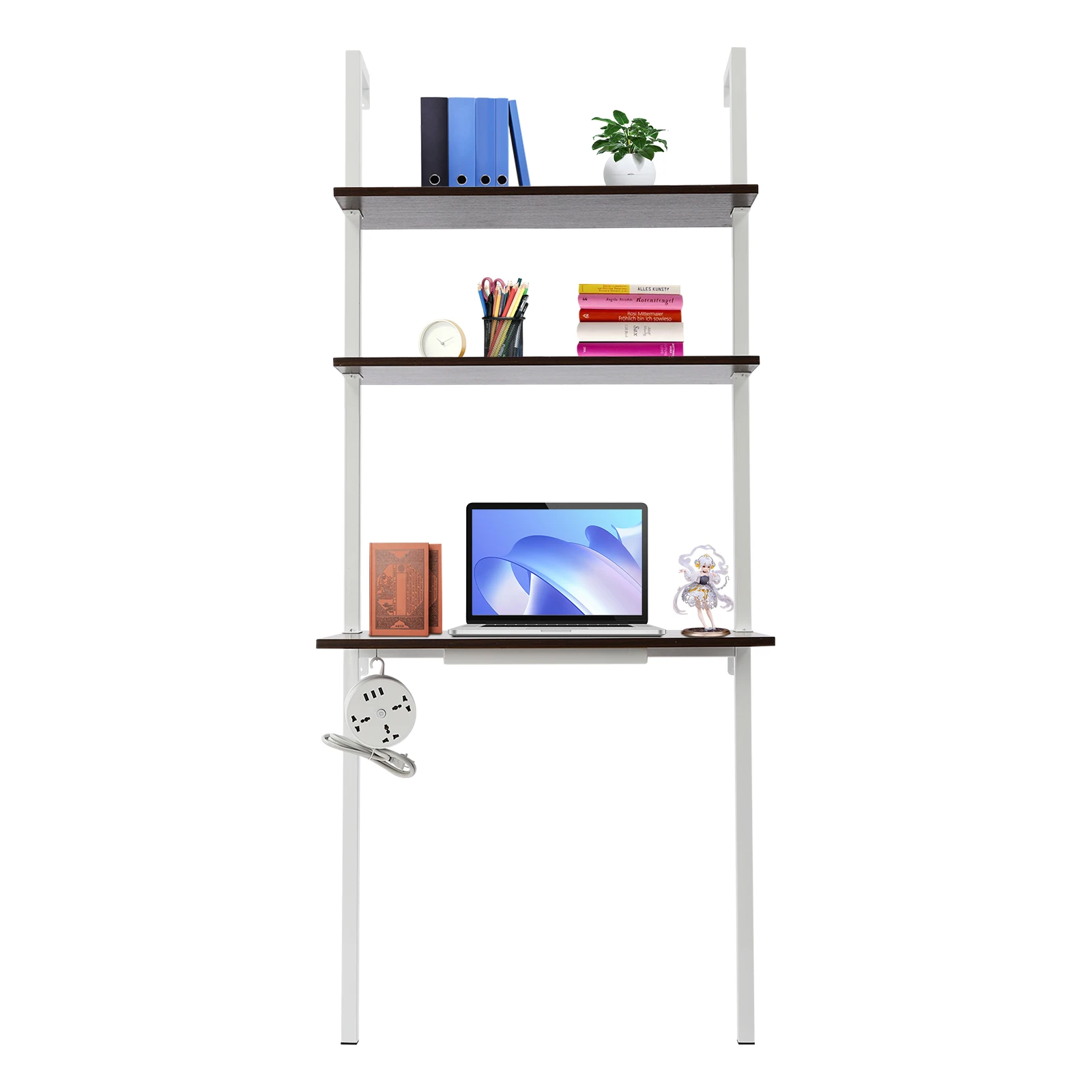 Laptop Desk with Shelves 2-Shelf Wall Mount Desk with Power Strip, Modern Computer Writing Table for Work Platform Ladder Desk