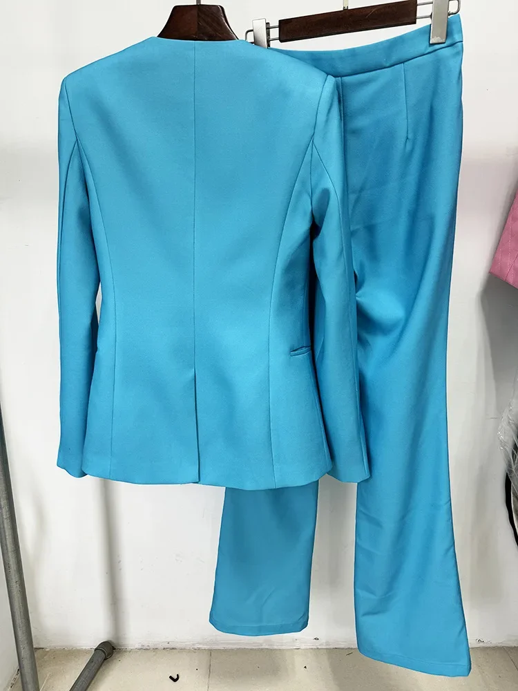 HIGH STREET Newest Fashion 2024 Designer Suit Set Women\'s Three Dimensional Flower Collarless Blazer Flare Pants Set
