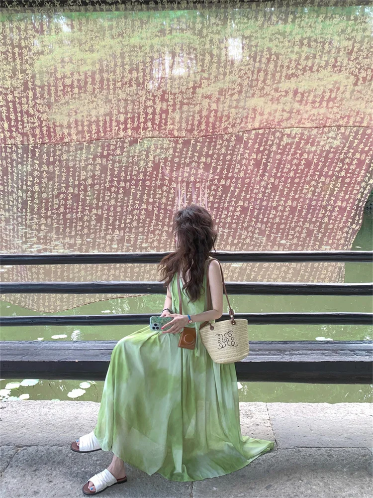 Fresh Light Green Printed V-neck Holiday Dress for Women Gentle Versatile Long Camisole Vestidos Sweet A-line Summer Dresses