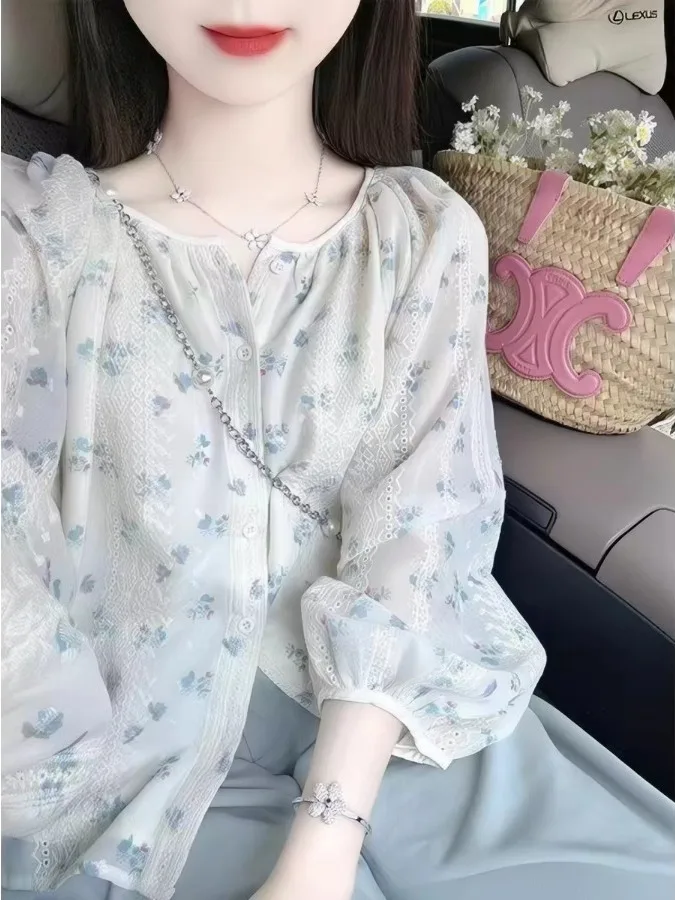 

Summer Thin Sun Protection Design round Neck Floral Lace Bubble Sleeve Chiffon Doll Shirt Women's Fashion Versatile Style Lon...