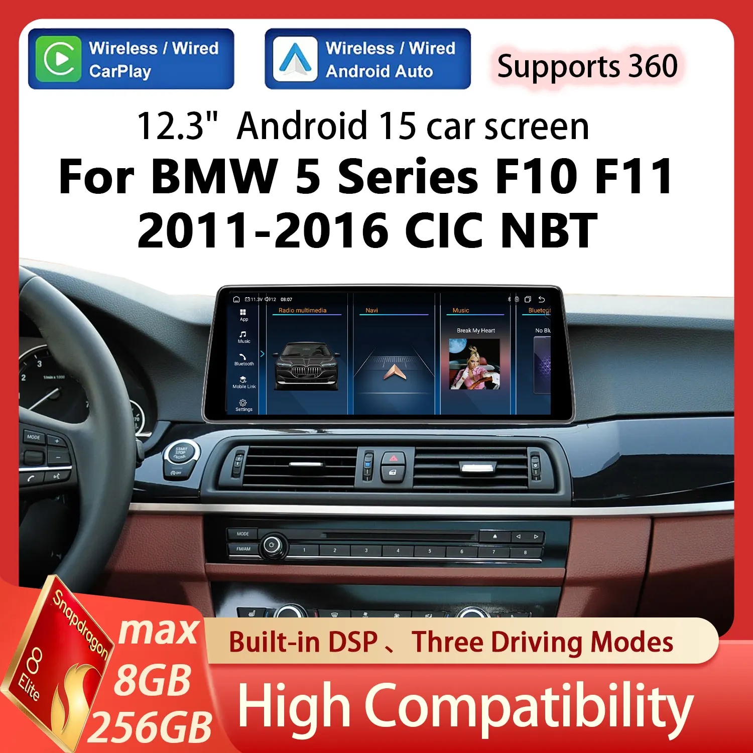 Reproductor Multimedia para Auto con Pantalla de 12.3 Pulgadas, 8 Núcleos, R-LHD, para BMW Serie 5 F10 F11 2011-2016, CIC NBT, Carplay Inalámbrico, Android Auto, Radio