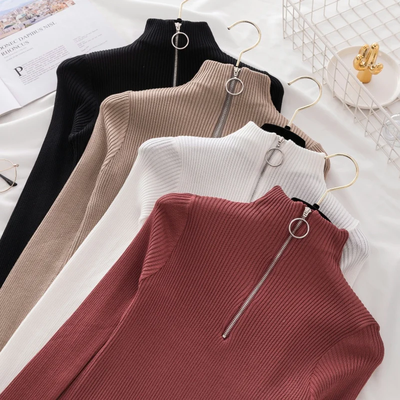 

New Fashion Long Sleeved Zipper Pullover Knitted Sweater Autumn and Winter Retro Solid Color Slim Fit Short Top for Women 17113