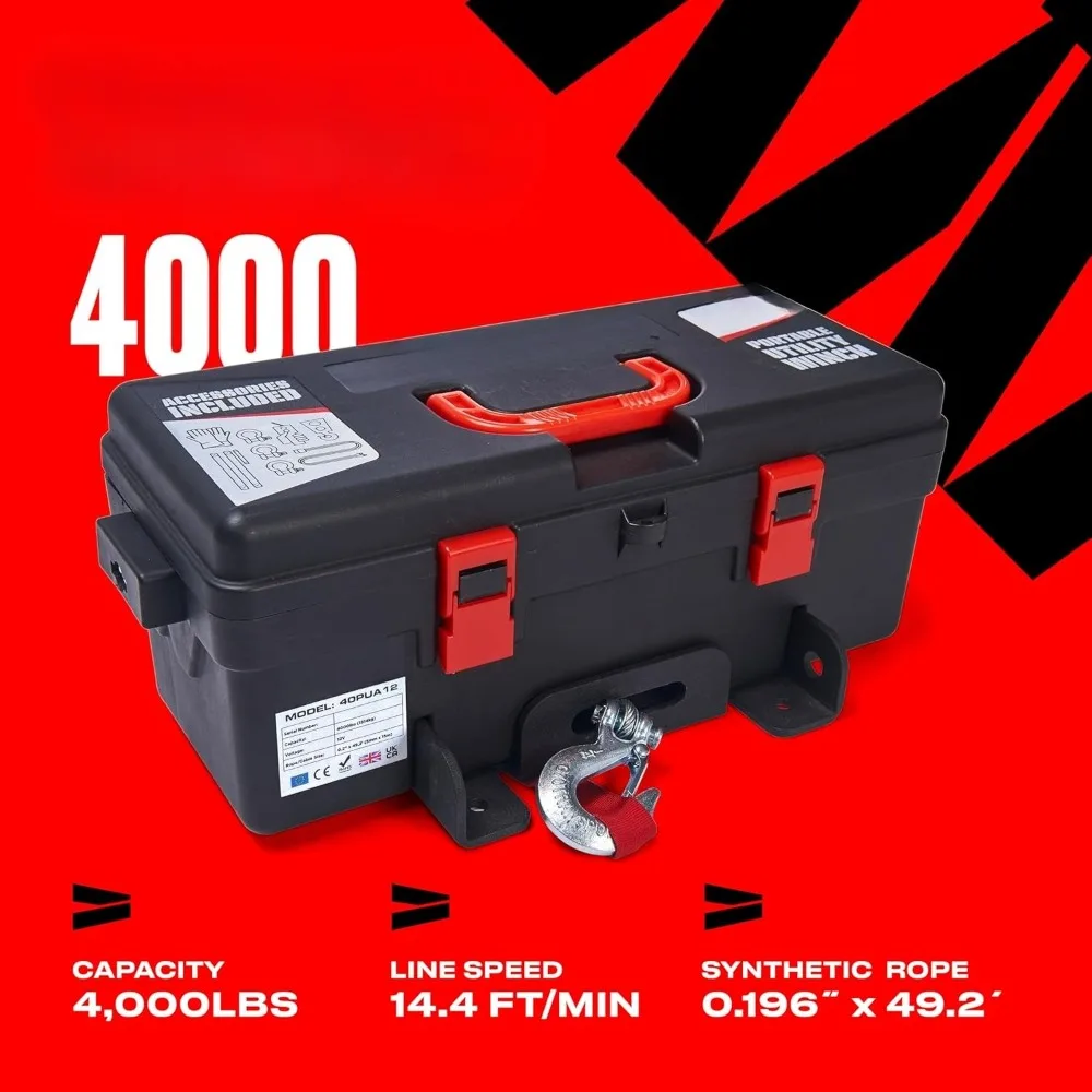 Portable 12v Electric Winch 4,000lbs - ATV/UTV Winch with Synthetic Rope, Easy to Carry, No Installation – Ideal for Truck