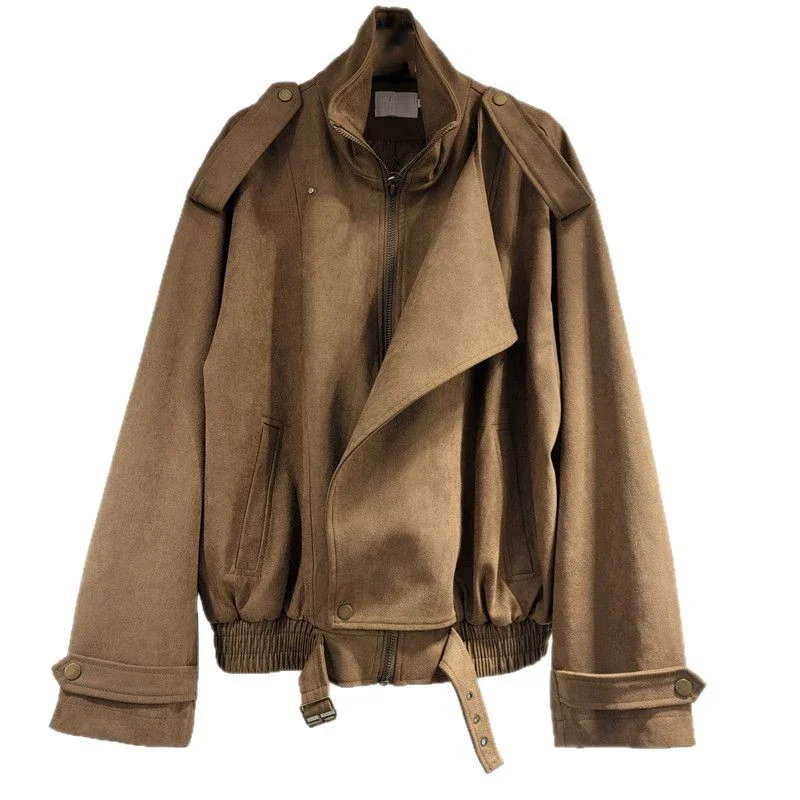 

Модная женская замшевая куртка с длинными рукавами, новинка весны 2024, женское пальто на молнии с воротником-стойкой