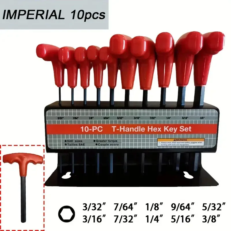 10pc Metric Or Inch T-Handle Hex Key Allen Wrench Tool Set Or Star T-Handle Hex Key Set Tools with Convenient Storage Stand