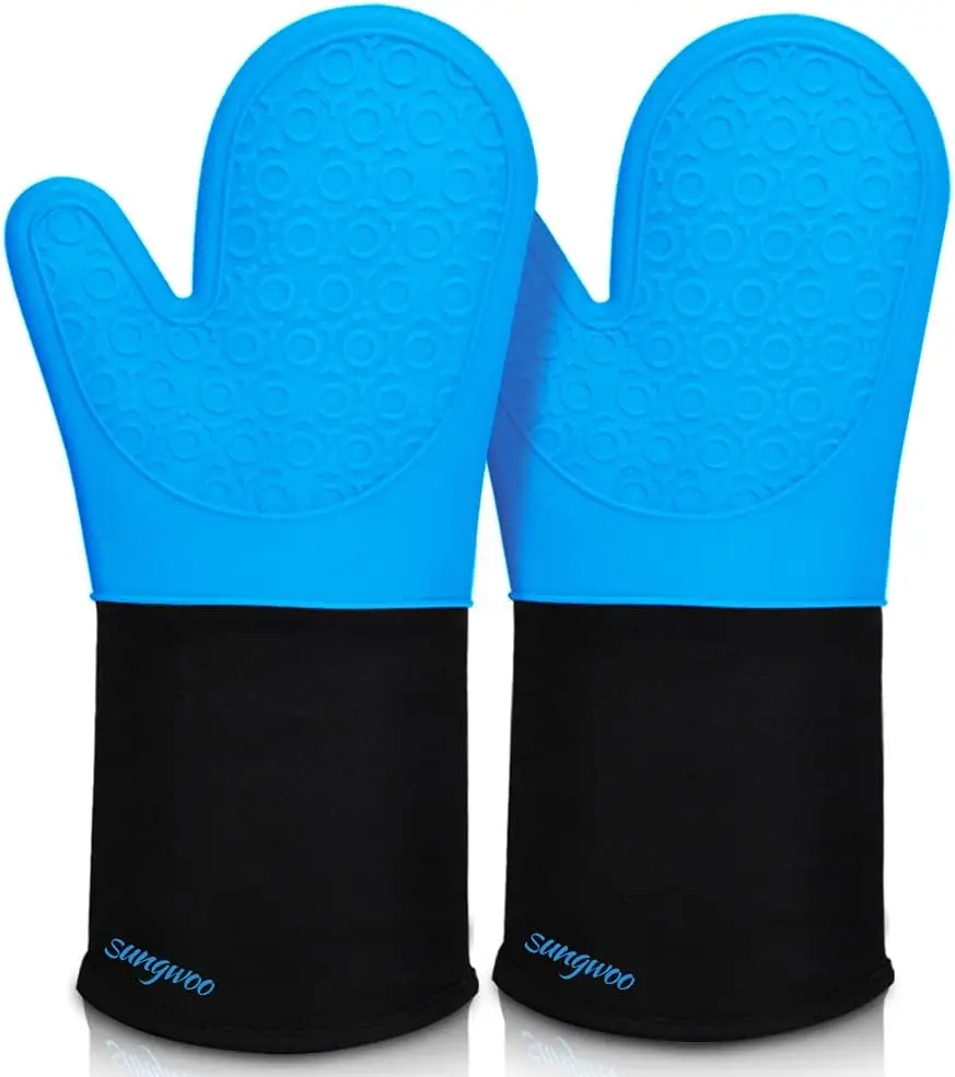 Luvas de Forno Extra Longas Resistentes ao Calor com Pegada Antiderrapante, Perfeitas para Assar, Cozinhar e Grelhar - 14,6 Polegadas Azul e Preto
