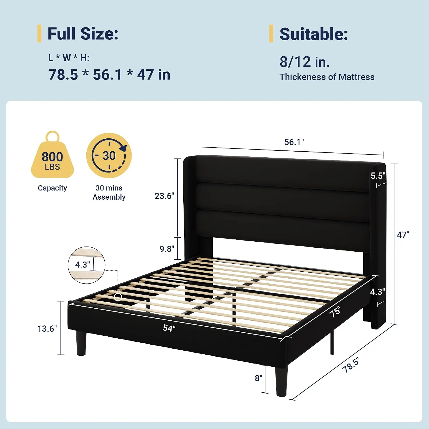 Velvet Upholstered Wingback Full Platform Bed Frame with Storage, Wooden Slats, No Box Spring, Easy Assembly, Black, Customized