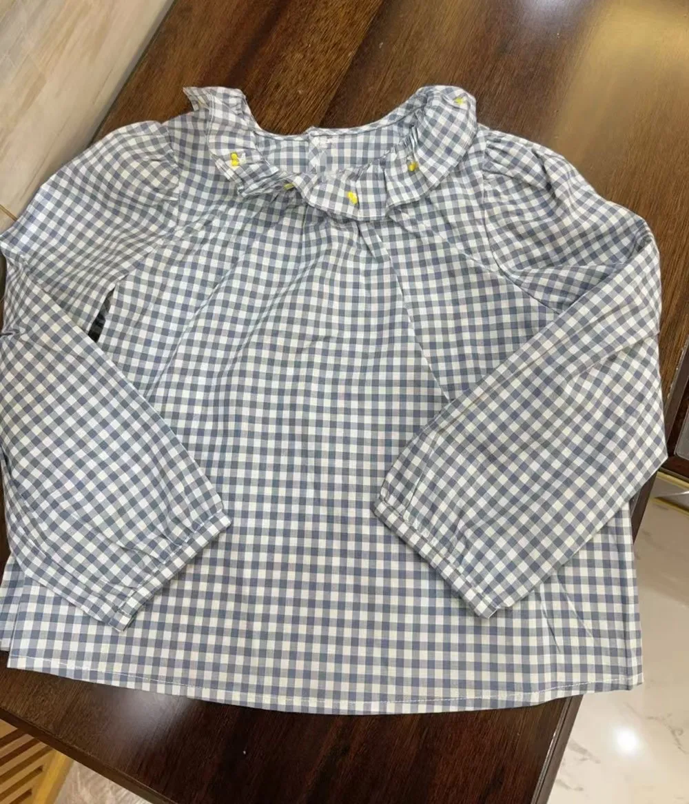 

baby dress autumn girls tops cotton t-shirts check pattern Cherry embroidered ruffle collar girls Blouse