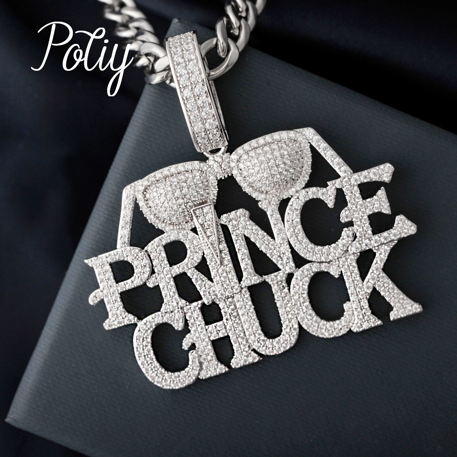 Potiy Prince Chuck Rapper Hiphop Copper CZ Pendant Necklace With Cuban Chain for Men Women