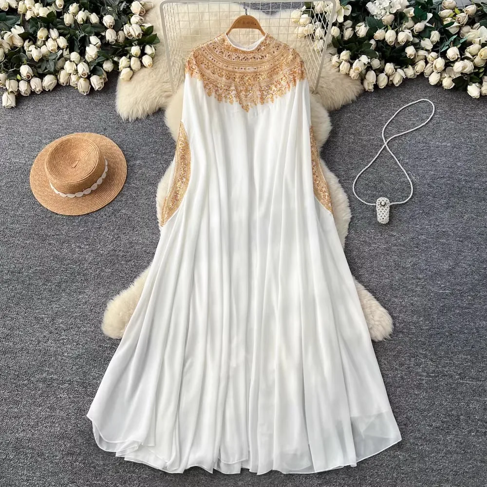 

Elegant Luxury Crystal Beading Evening Prom Dress For Woman Bat Sleeve Loose Chiffon Long Robes Muslim Abaya Clothing