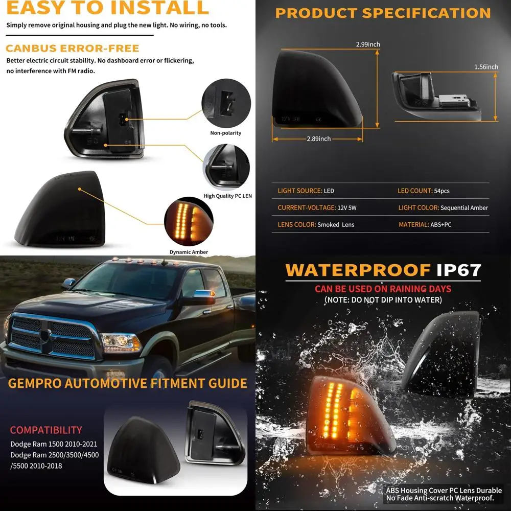 

Smoked LED Sequential Side Mirror Turn Signal Lights for 2010-2018 Dodge Ram 1500 2500 3500 4500 5500 Tow Mirror, 2PCS, Compatib
