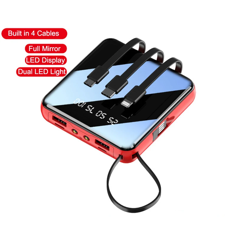 

20000mAh Mini Power Bank With Micro USB Type C Cable Portable Charger LED Mirror Powerbank External Battery Pack Power Bank