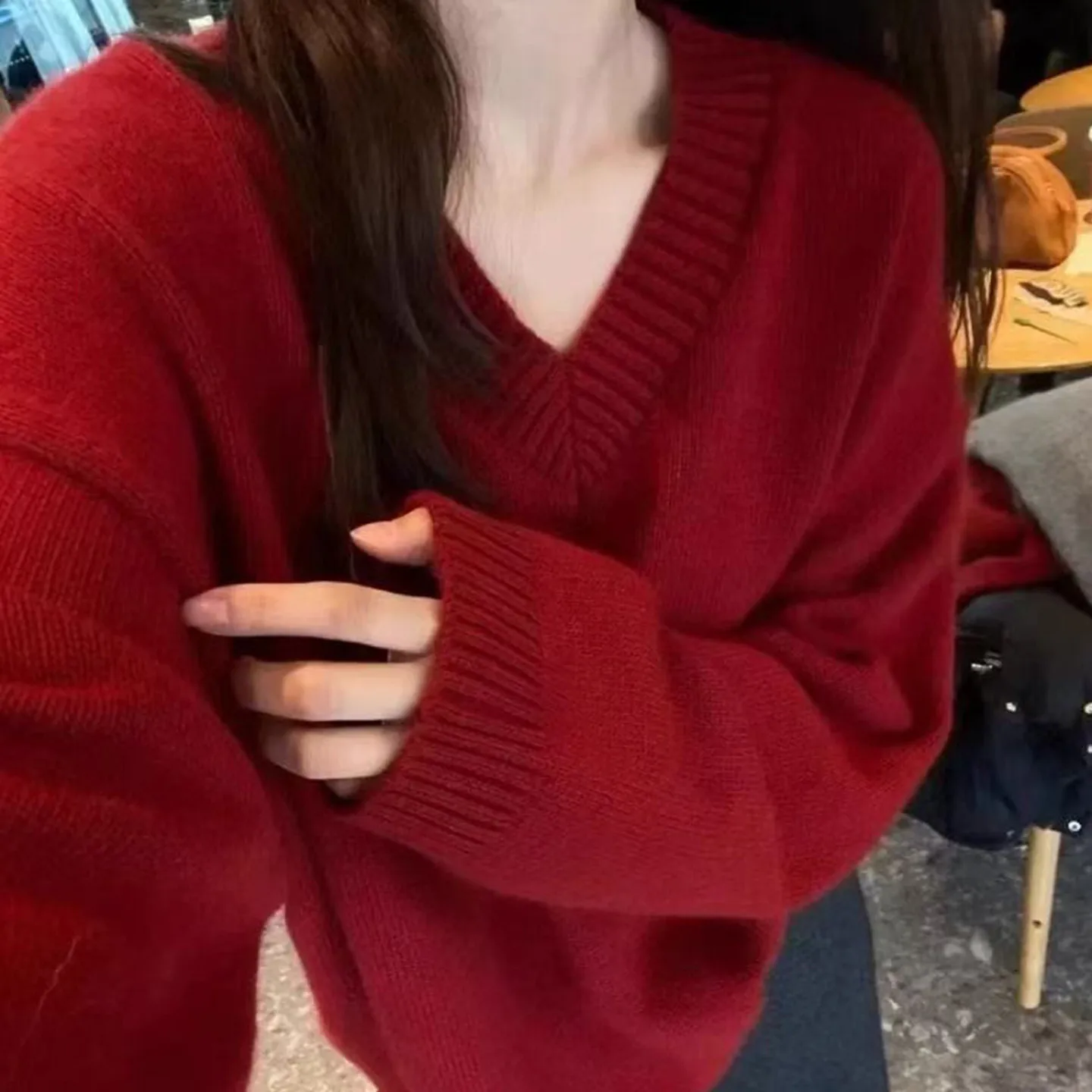 

Red V-Ne Knitwear Winter New Year Women's Inner Wear Top Sweet Sle Long Sve Thermal Regular Fit Color