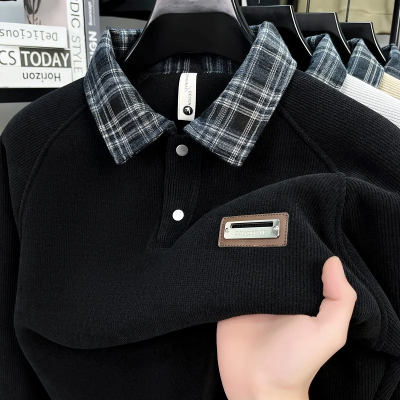 

men's autumn winter high quality polo shirt shirt collar fleece-lined thicken luxury hoodie leisure business men's clothing tops