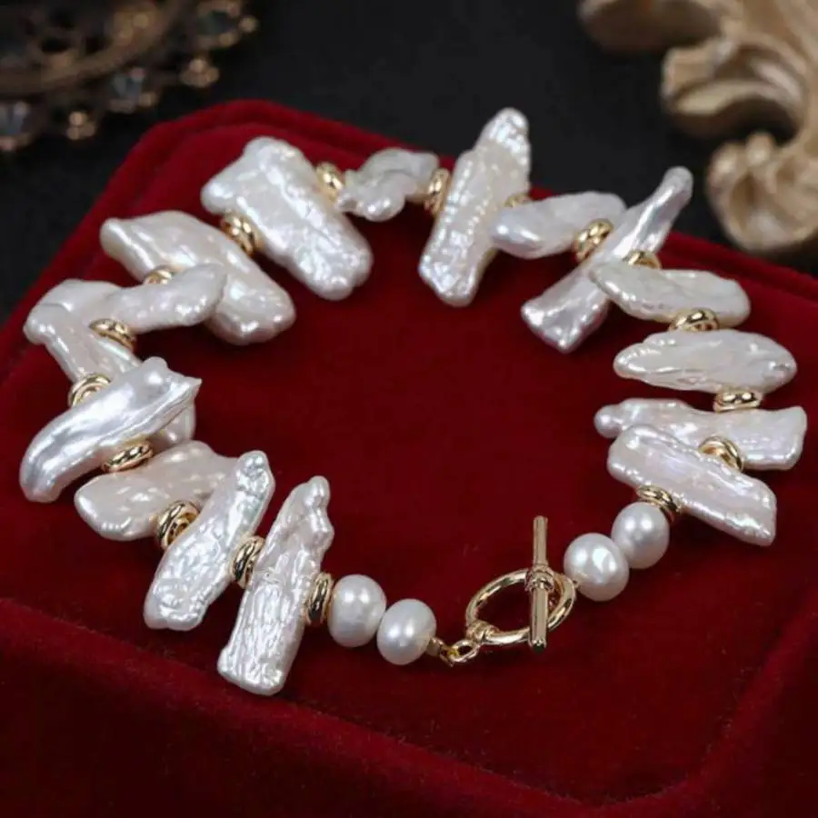 

Natural Lute Pearl White freshwater Pearl bracelet 7.5 inches Durable Link Eco-Friendly Handmade Trendy Ethnic Minimalist Women