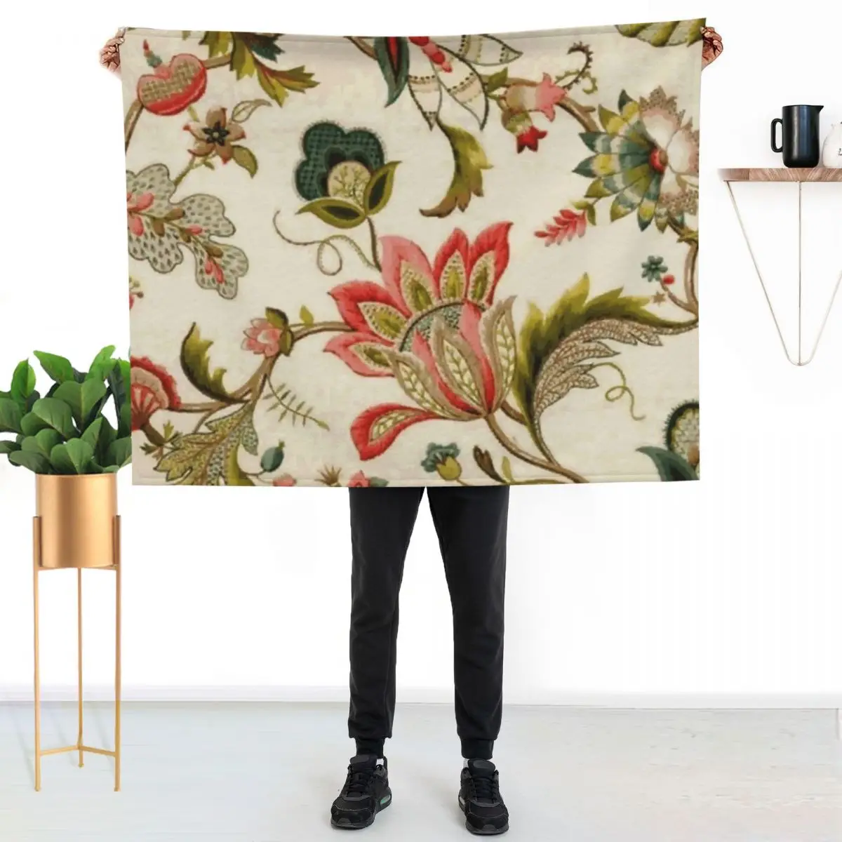 Jacobean Floral Crewel Embroidery Pattern Digital Art Vector Painting Throw Blanket for sofa Soft Big Quilt For Baby Blankets