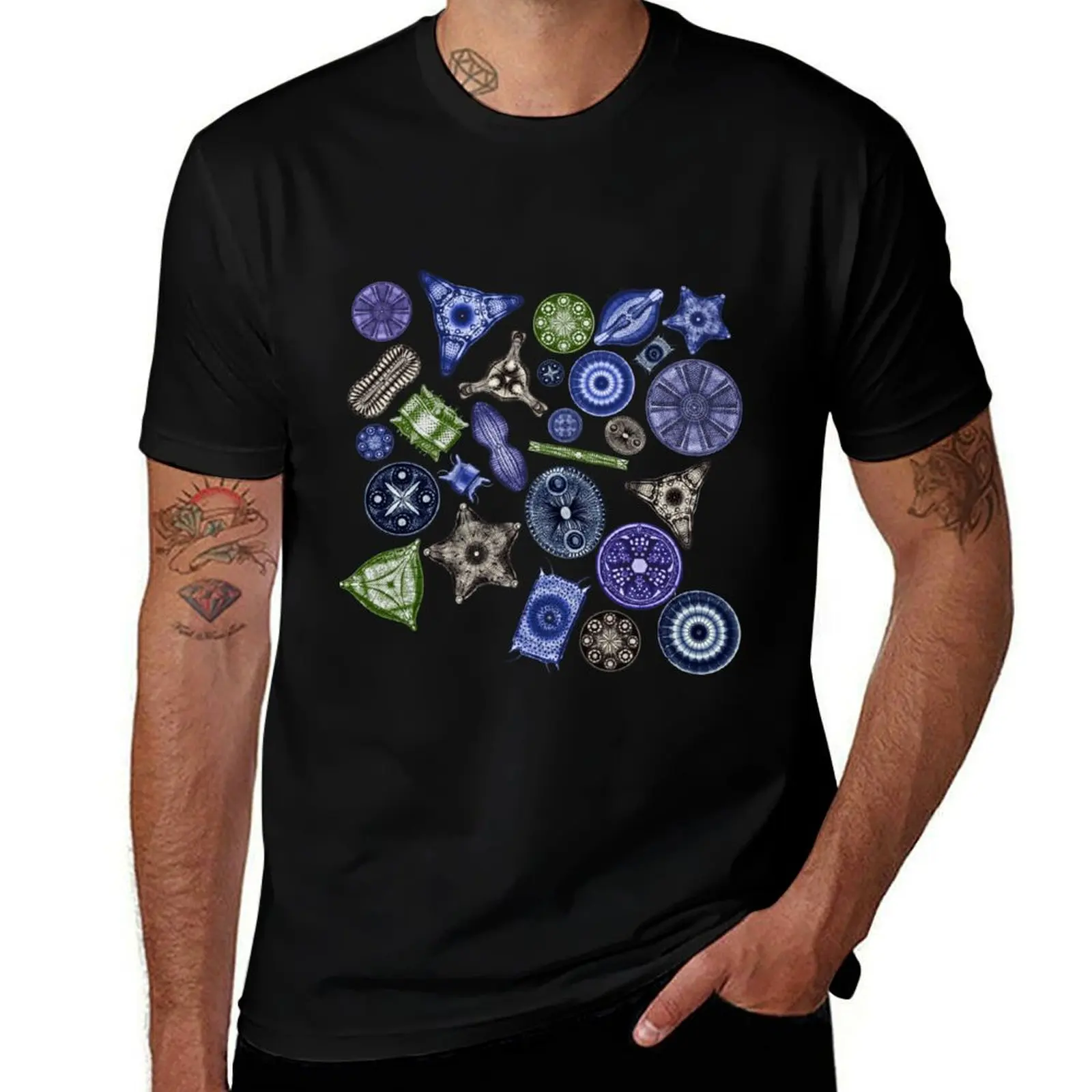 

Ernst Haeckel Teal Diatoms Tossed in Cool Tones T-Shirt tops Blouse designer shirts T-shirts for men cotton