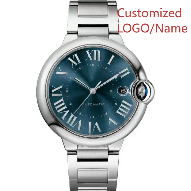 الرجال النساء الياقوت بالون سلسلة التلقائي حركة ميكانيكية ساعة الفولاذ المقاوم للصدأ حزام من الجلد الأسود الأزرق حسب الطلب #4