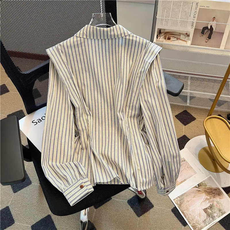 2026 New French Striped Wrap Shirt Women Spring Autumn Lazy Waist Tie Blouse Elegant Commuter Casual Top