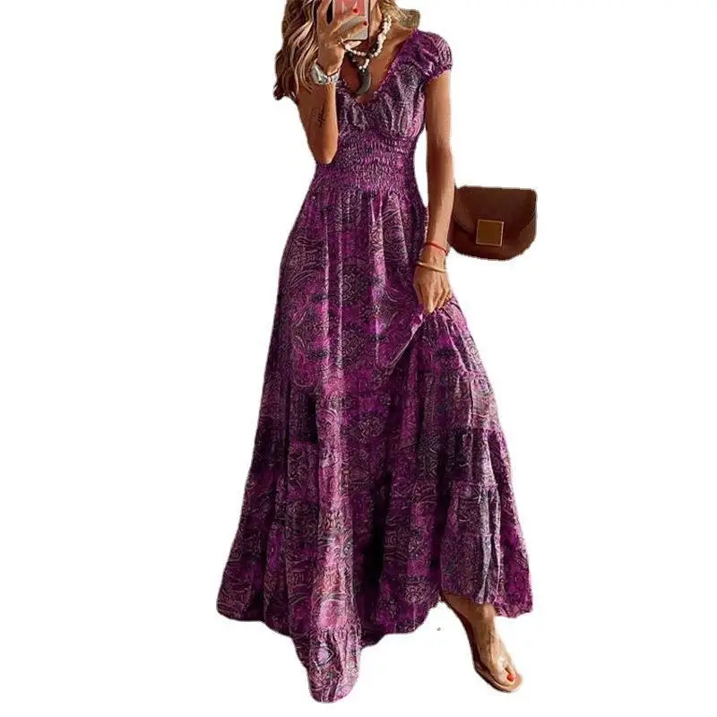 

2025 New Printed Waist-hugging Dress Women Summer Casual Loose Floral V-neck Dresses For Women Pleated Vacation Long Skirt