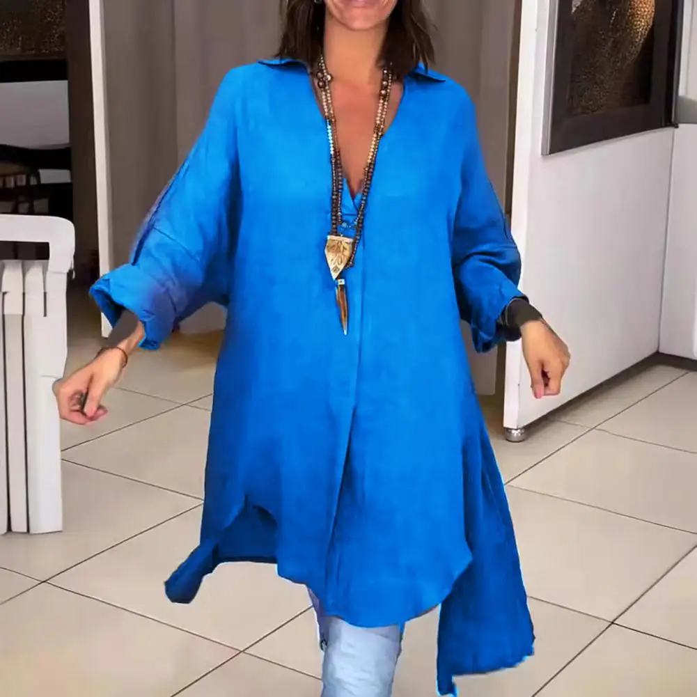 المرأة قميص الصيف المرأة عادية القطن والكتان شق قميص فضفاض الخامس الرقبة طويلة الأكمام الجانب سبليت هيم زر أسفل قميص أعلى