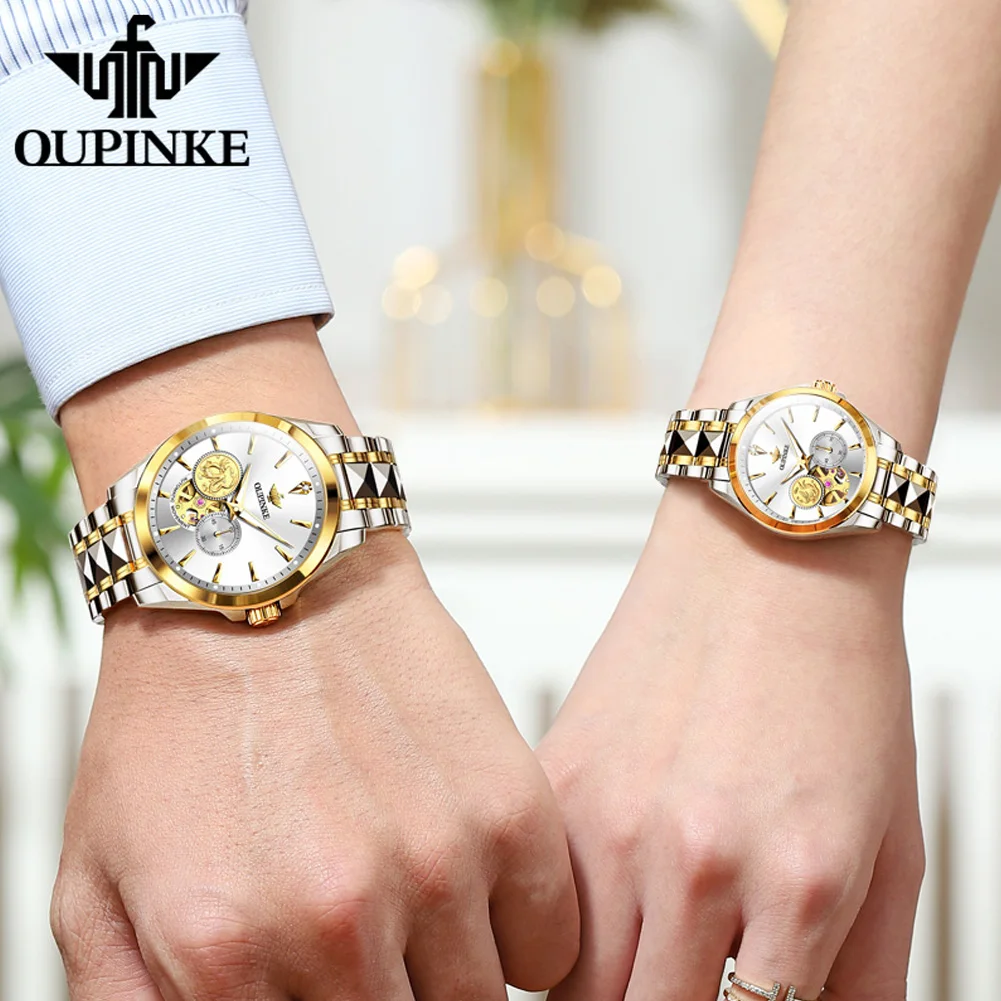 OUPINKE 3260 reloj mecánico de pareja de diamantes reales para hombres y mujeres vestido Original de lujo reloj de mano hueco relojes impermeables profundos