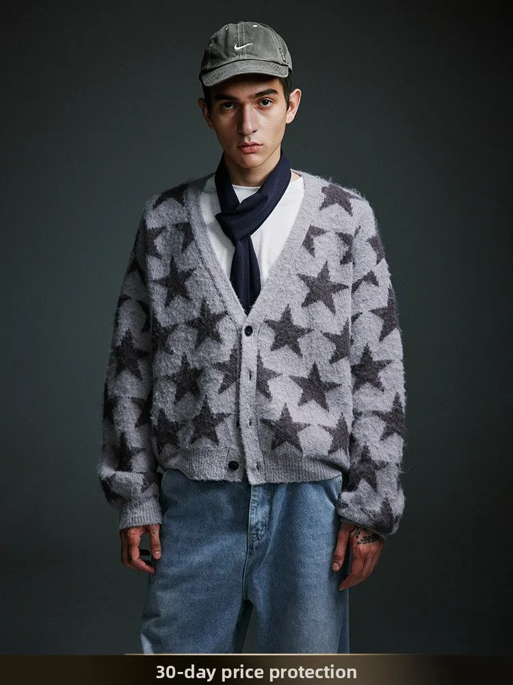 

American Retro Star Embroidery V-Ne Open Cardigan Long Sve Sweater Winter Casual Couple Sle Knitted Outerwear