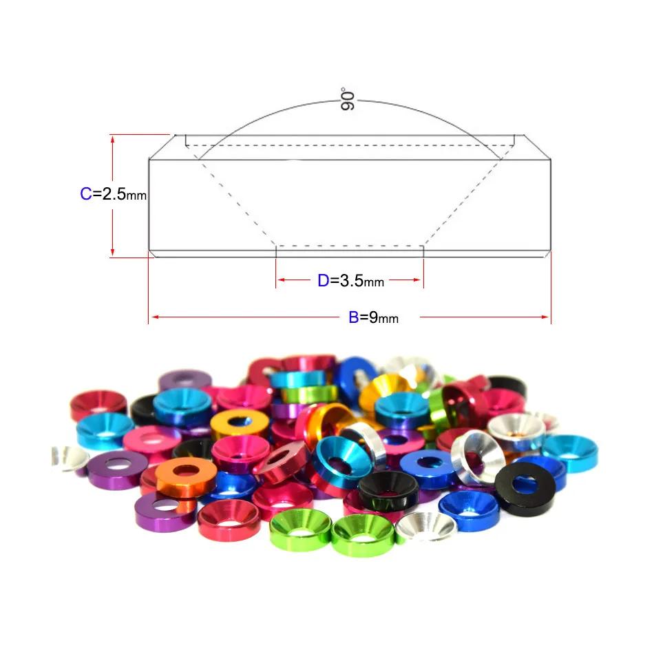 M3.5Aluminium Alloy Conical Washers, Color Anodized Spacer Gaskets for DIN7991Countersunk Screws, RC Model & Vehicle Modificatio