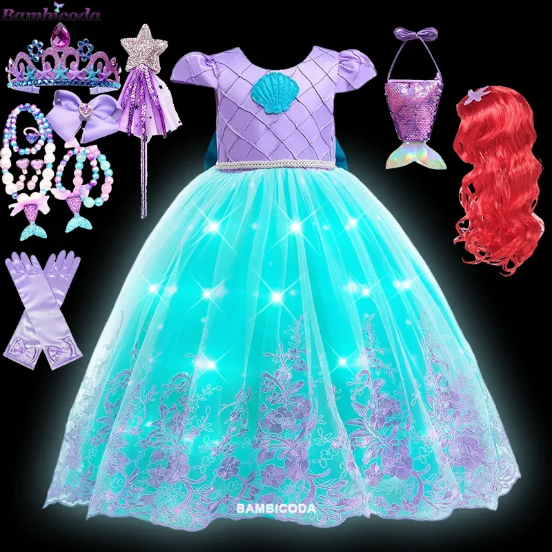 Christmas Fantasia Carnival Halloween Cosplay Princess Ariel Masquerade Birthday Party LED Dress up Little Girl Mermaid Costume