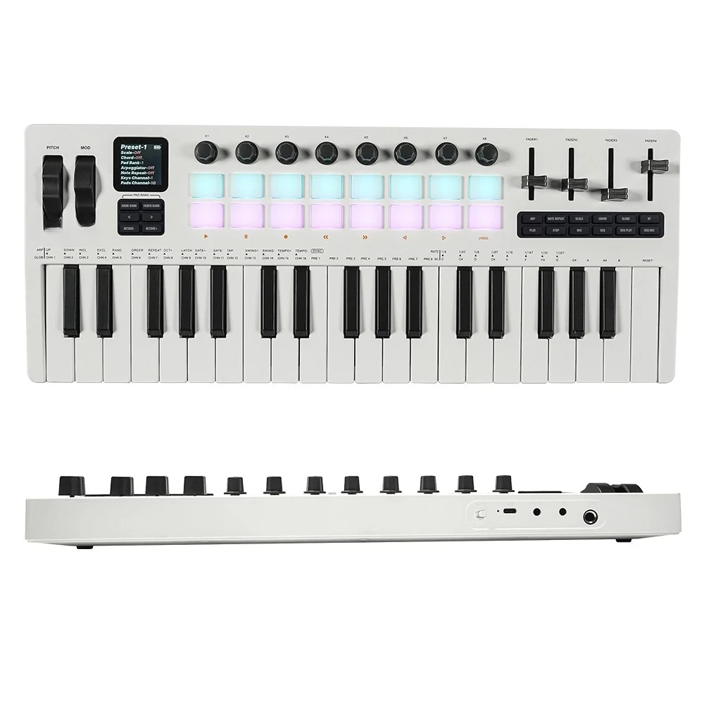 

MIDI Keyboard 37 Velocity Sensitive Keys Support Wireless With 16 RGB Drum Pads Control Console