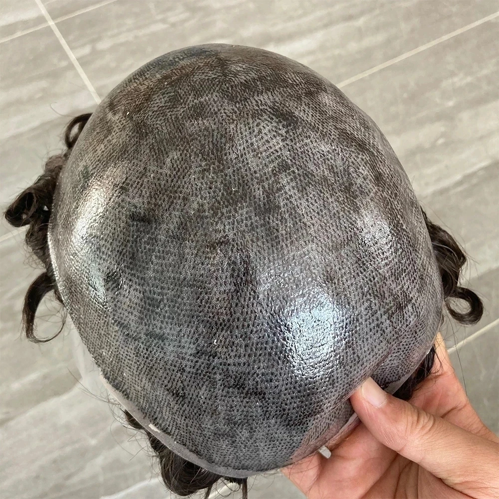 20mm Lockiges Voll-Hautbasis-PU-Toupet für Herren aus Echthaar, Langlebiges Prothesensystem 1b40 Grau Schwarz/Braun, Natürlicher Frontal-Haarteil – Detail 5