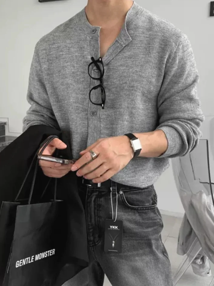 

Американский винтажный вязаный кардиган для мужчин, свитер на пуговицах с круглым вырезом, тонкий трикотажный свитер-пальто, повседневная рабочая одежда