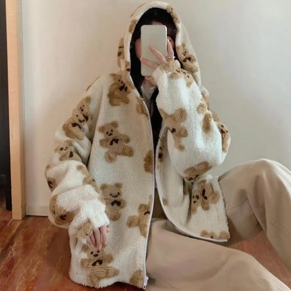 Women Autumn Winter Fleece Hooded Jacket Long Sleeve Pockets Zipper Placket Plush Sweatshirt Coat Heart Bear Print Outwear