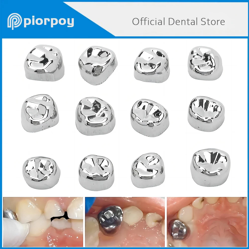 PIORPOY 12 Pcs Dental Molar Metal Crowns Temporary Crown Veneers Material Stainless Steel Restore Chewing Function Dentistry