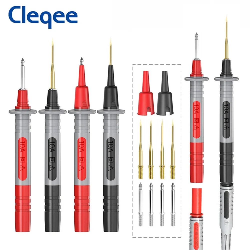 Cleqee P8003 12pcs Multimeter Test Probe Pen with Replaceable 2mm Thick Needles Gold-plated 1mm Sharp Pins 4mm Banana Socket