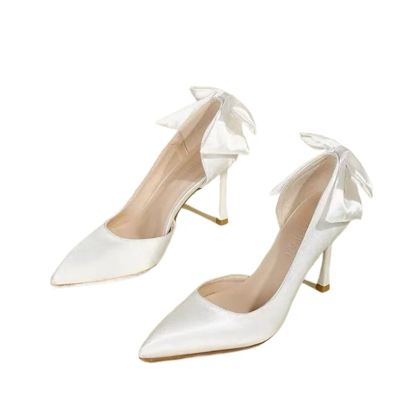 حذاء نسائي فردي بكعب حريري بمقدمة مدببة وفيونكة وكعب رفيع حذاء نسائي للولائم فستان ركلة واحدة فرنسي Zapatillas De Mujer #6