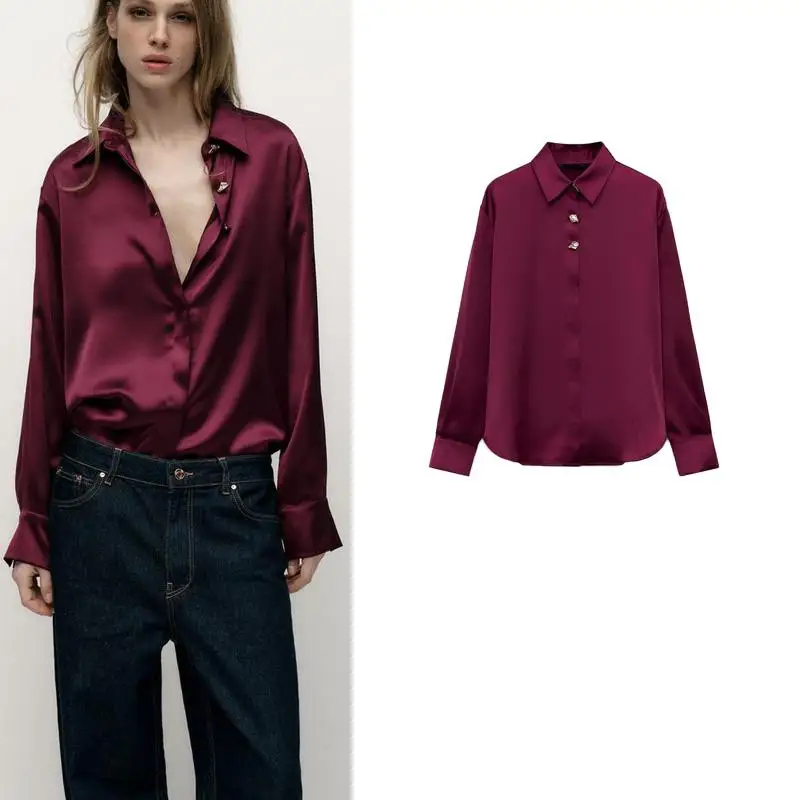 

Autumn Winter New Women's Long Sve Collar Silk Satin Feel irt Top Gold Button Decorated Loose Fit Commute Sle
