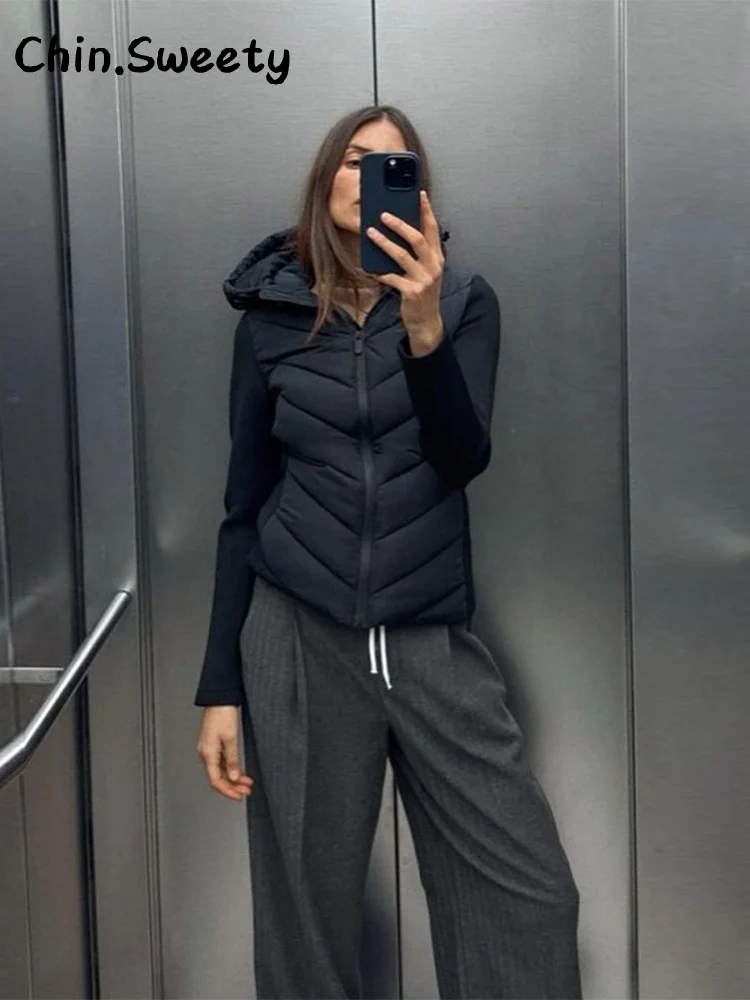 

Casual Women's Zipper Hooded Cotton Padded Jacket Loose Solid Stand Collar Long Sleeve Pockets Coat 2025 Autumn Lady Outwears