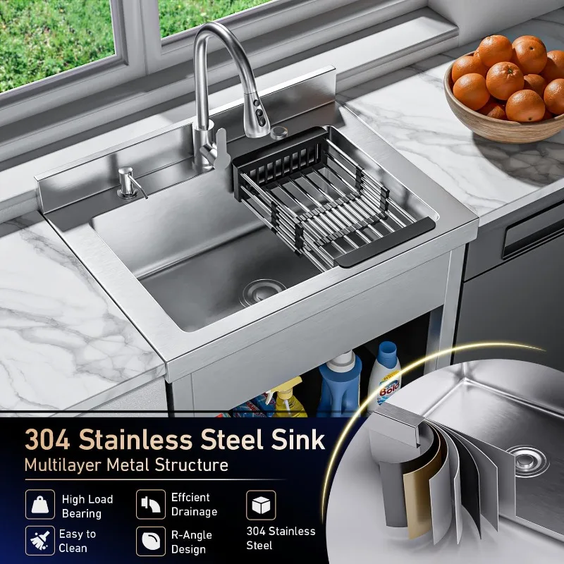 حوض المرافق القائم بذاته مقاس 28 بوصة، حوض غرفة الغسيل من الفولاذ المقاوم للصدأ شديد التحمل، أحواض المطبخ التجارية مع الماء الساخن والبارد لـ Ga