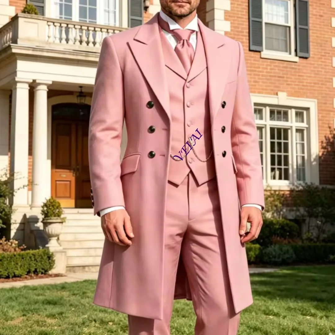 Customized3 Pieces Long Men Suits for Wedding Groom Tuxedo Tailor Fit Jacket Vest Pants Set for Prom Banquet Formal Party Guest