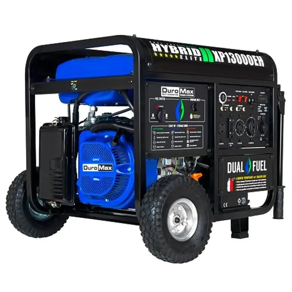 13000W Dual Fuel Portable Generator Gas Propane Powered Electric Start Home Backup Blue Gray Metal Frame All Terrain Wheels