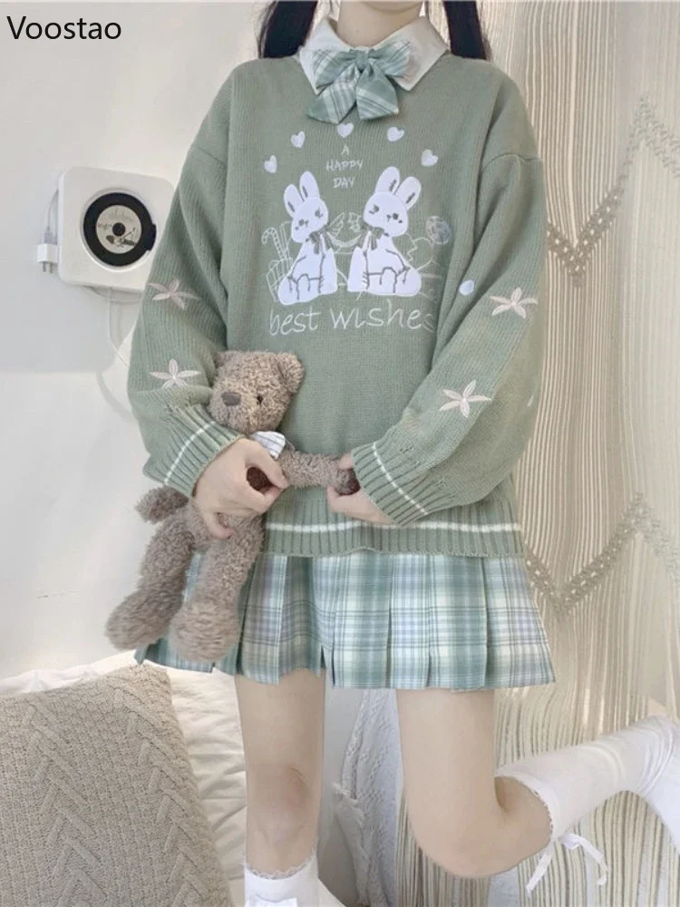 Spring Autumn Sweet Lolita Embroidery Bunny Knitted Pullover Japanese Girly Cute Loose JK Sweater Women Kawaii Knitwear Tops