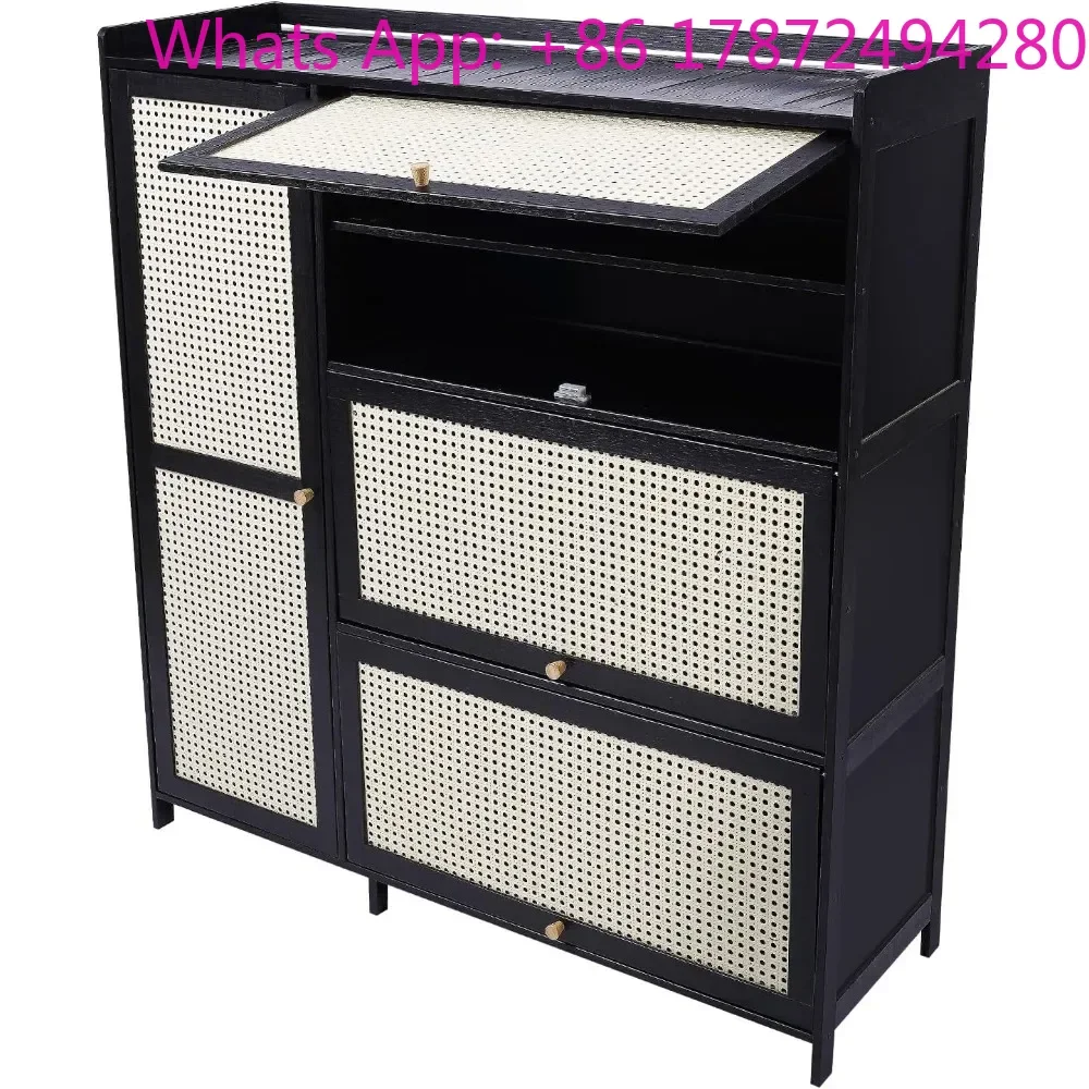 Shoe Cabinet Bamboo Rattan Shoe Rack Storage Cabinet with 4 Doors