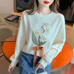 Three Dimensional Flower Round Neck Pullover Hoodie for Women's New Design Sense Long Sleeved Loose and Fashionable Versatile