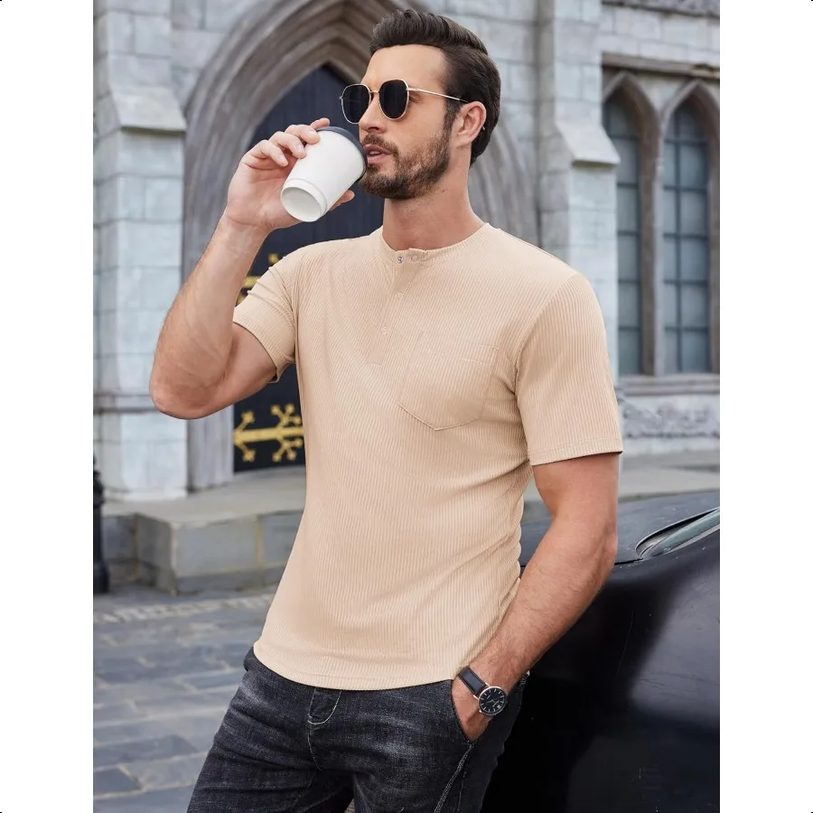 COOFANDY Mens Henley Shirts Short Sleeve Tshirt Basic Button Tees Summer Ribbed Pocket T Shirt Casual Stretch Tops