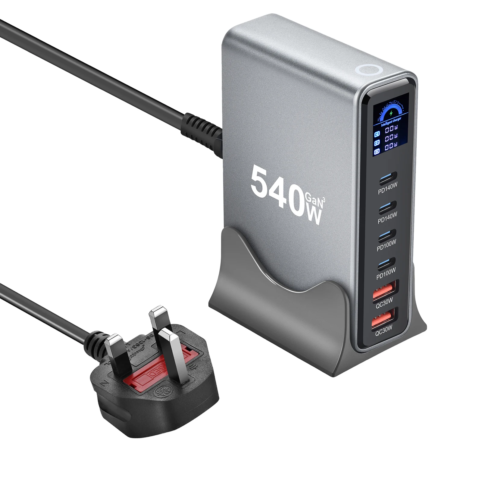 New 540W GaN Charger with Display Desktop 140W USB-C 6-Port Fast Charging Station Suitable for Phones Tablets Electronic Devices