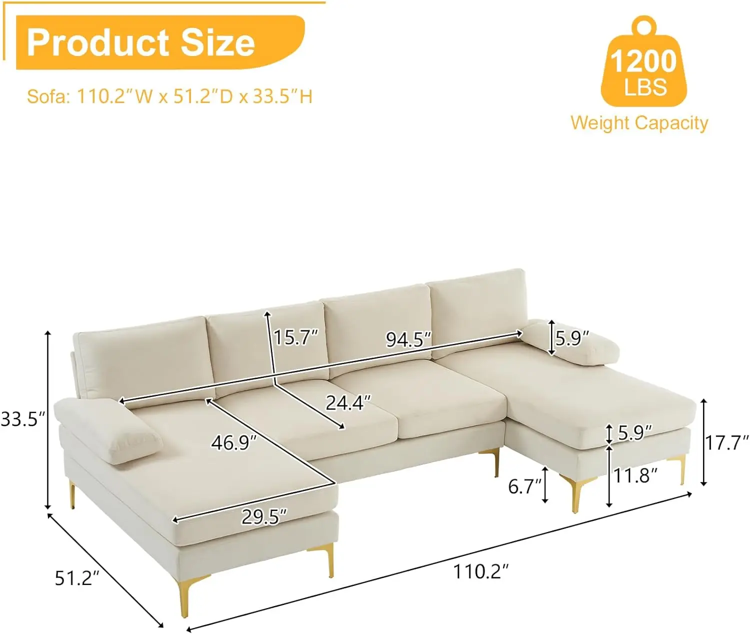 Veryke Modern U Shaped Sectional Sofa Couch For Living Room, 110'' Linen Fabric Couch Sofa, Upholstered Sofa Bed With Golden