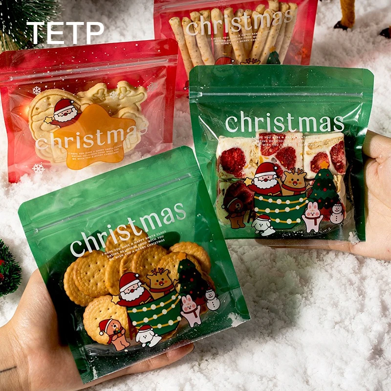 

TETP 100Pcs Merry Christmas Ziplock Bags With Clear Window Happy New Year Party For Cookies Candy Chocolate Packaging Decoration