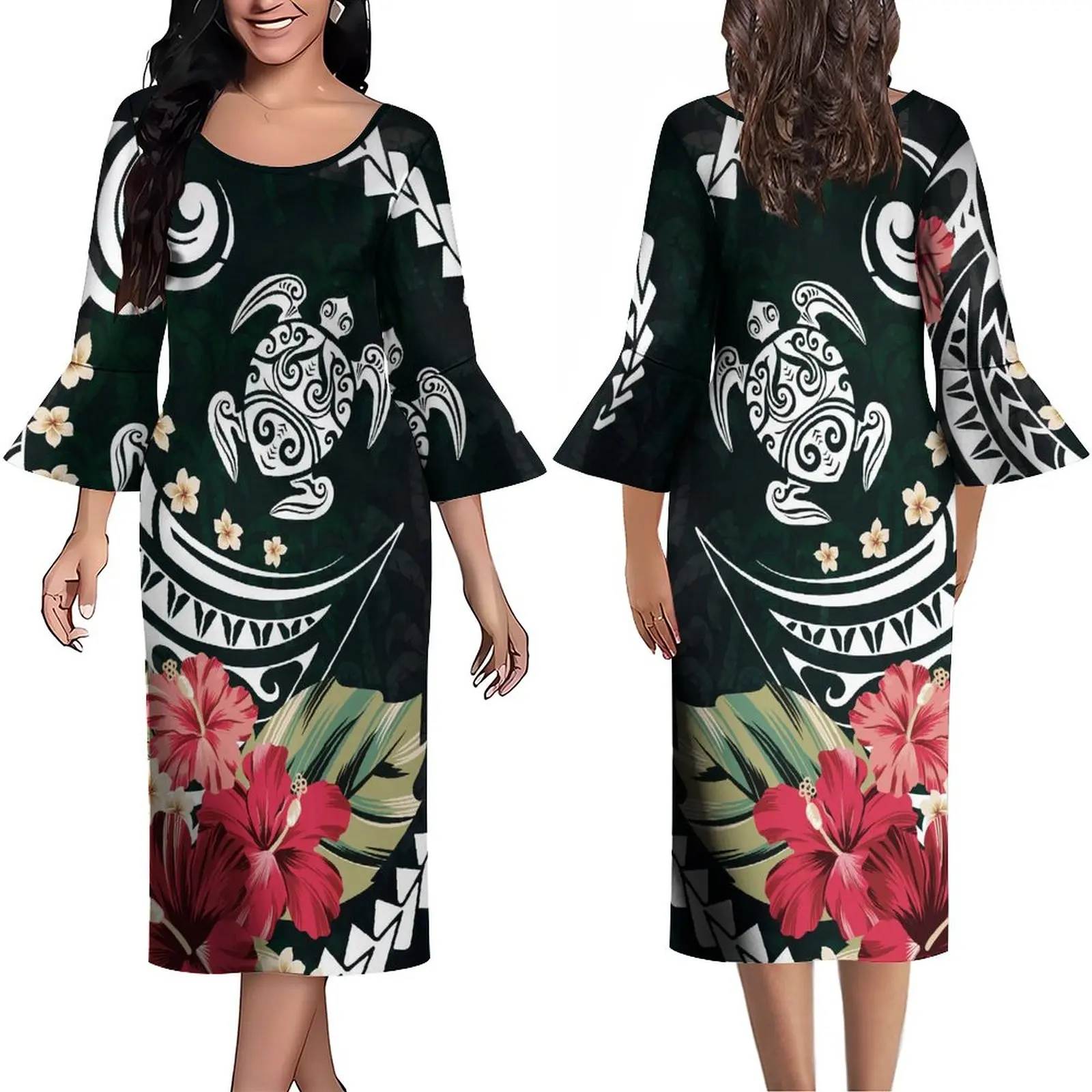 

2023 New Women's Dress Ruffled Cuff Design High Quality Summer Autumn Comfort Dress Polynesian Vintage Tribal Print Custom