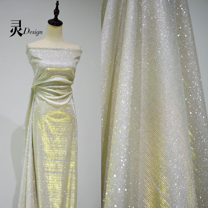 Composite Mesh Fabric Gold Gradient Illusory Color Reflective Elastic Wedding Dress Designer Diy Sewing By The Meter